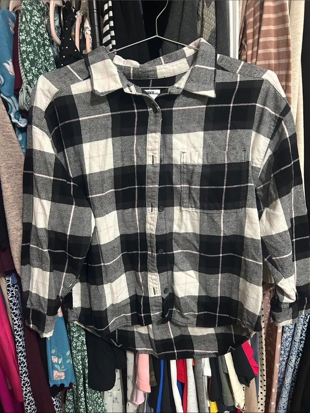Old Navy Black, White & Light Pink Plaid Shirt